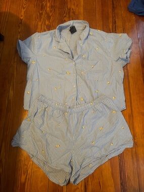Light Blue Striped Pajama Set with Yellow lemon Embroidery